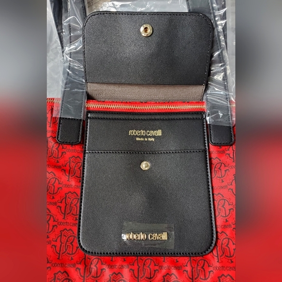 Roberto Cavalli Nylon Red/Black Logo Pattern Folding Medium Shopper Tote Bag - Picture 5 of 7